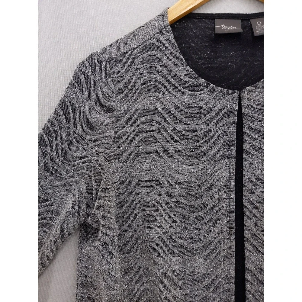Chico's Cardigan Women 0 S Silver Black Travelers Wave Metallic Longline Pocket‎